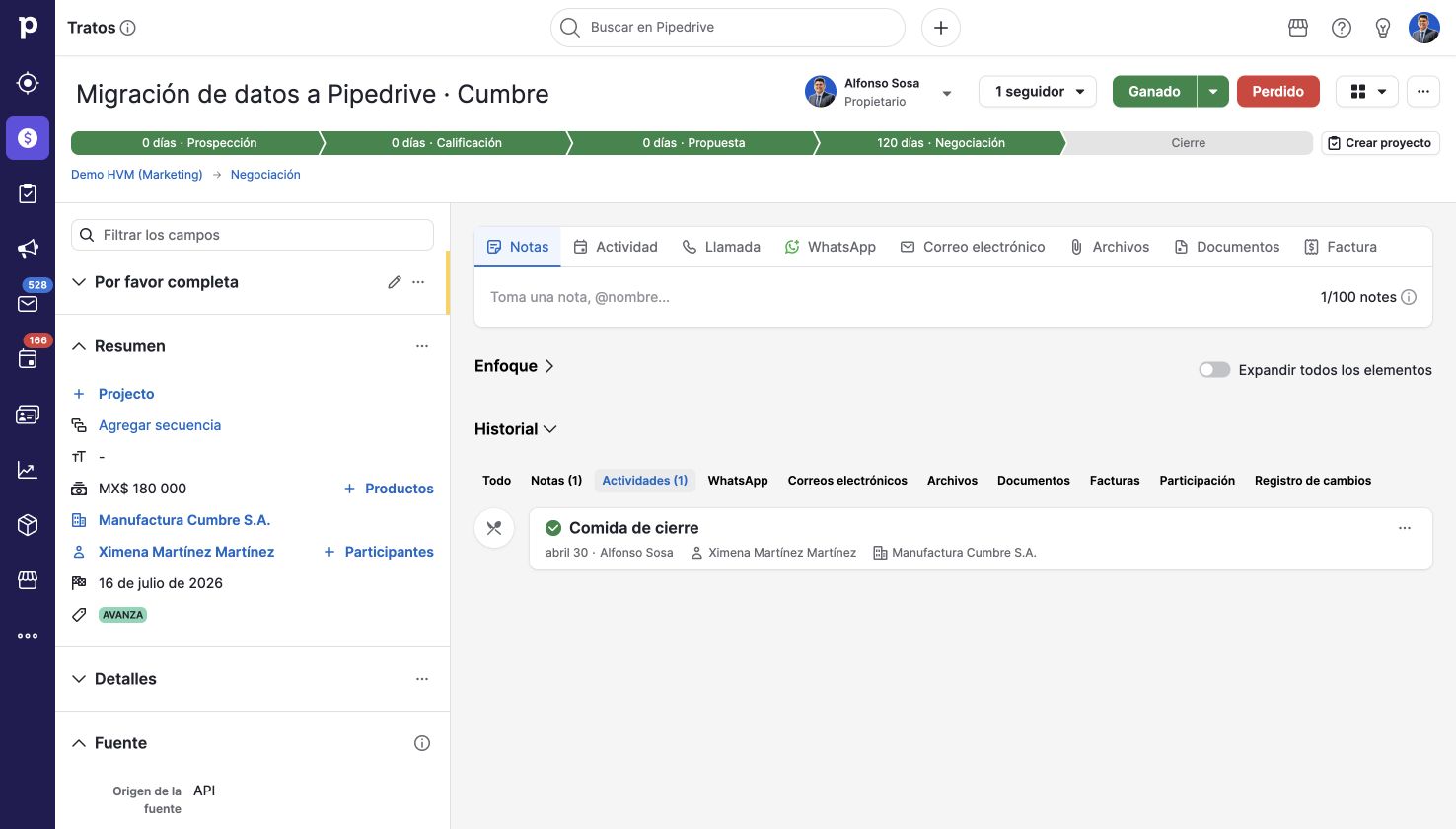 Actividades vinculadas al expediente. Pipedrive en una cuenta de demostración.
